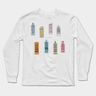 Facades of old canal houses from Amsterdam City rainbow colorful illustration Long Sleeve T-Shirt